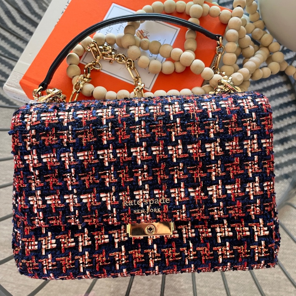 KATE SPADE NEW YORK Carlyle Tweed Medium Flap 2-way convertible bag. NWOT.